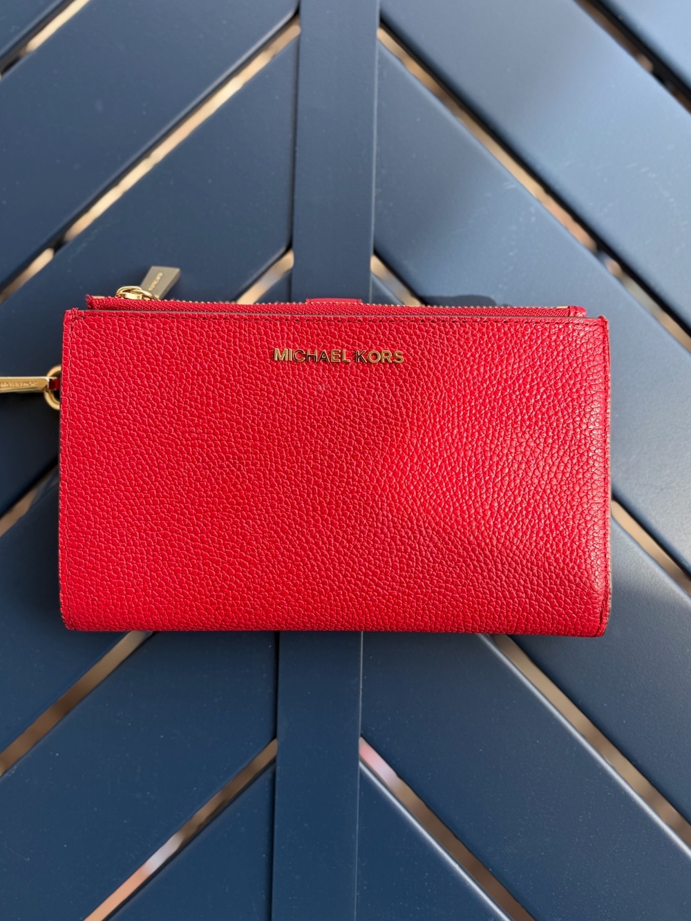 Michael Kors Adele Red Pebbled Leather Double Zip Wristlet Wallet